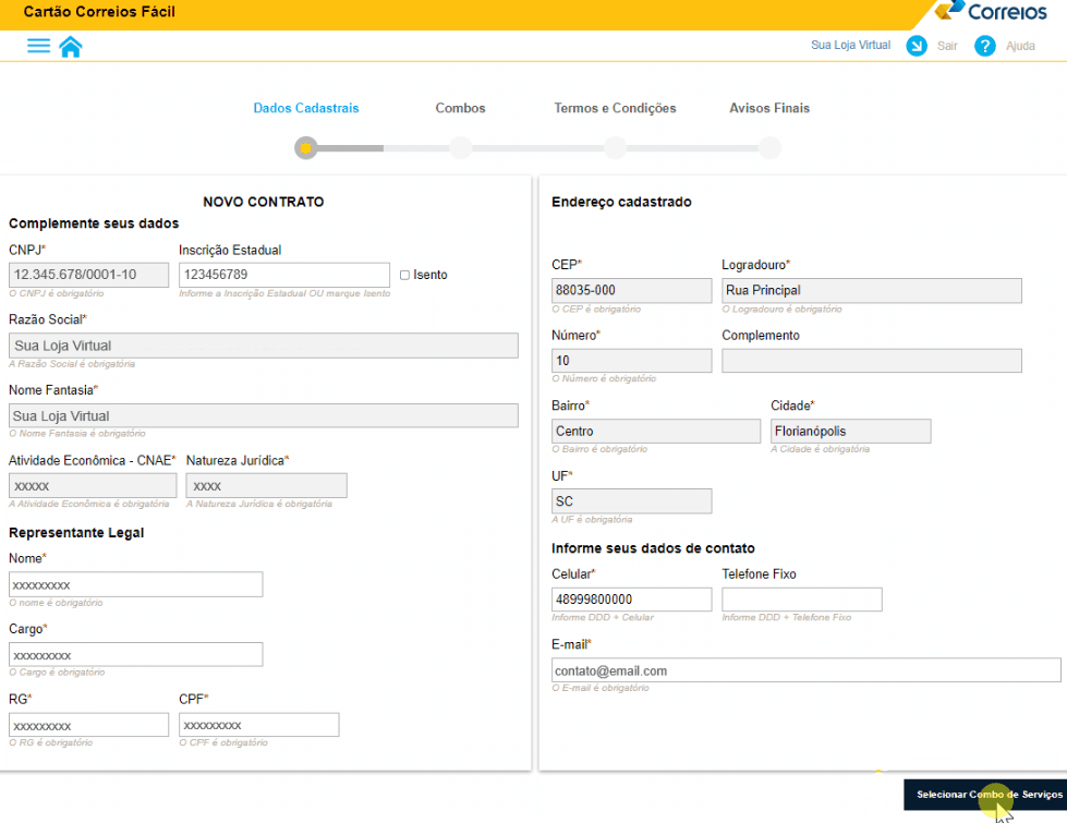 Tela "Cartão Correios Fácil", formulário de dados cadastrais